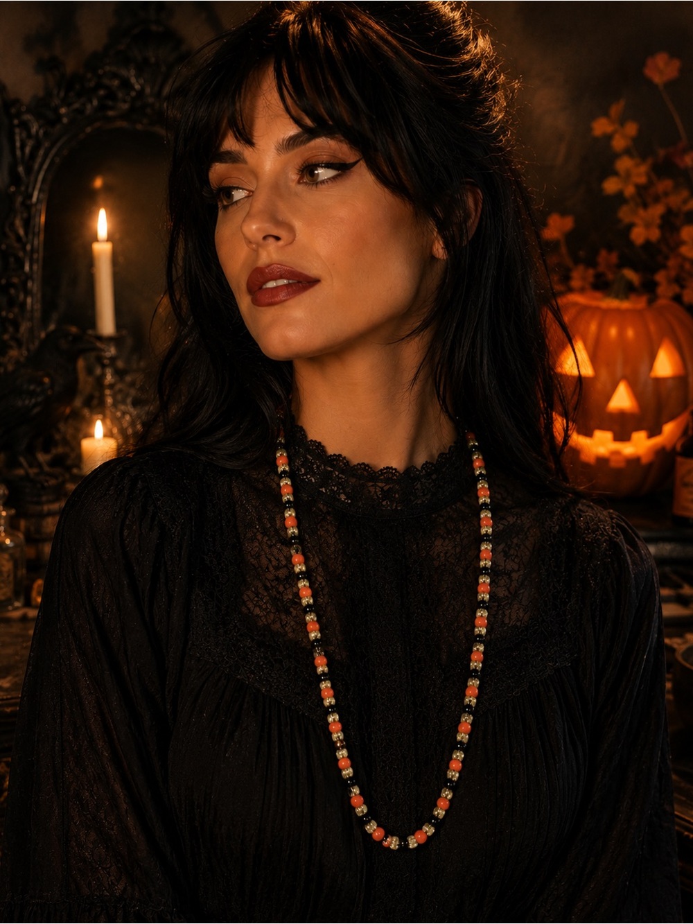 Vintage Sandra David Signed Orange and Black Gold Tone Necklace Halloween